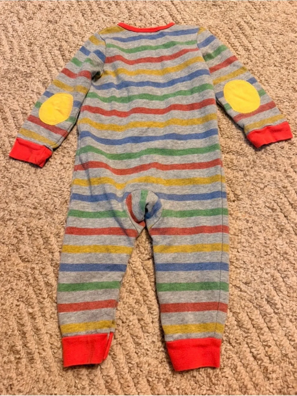 Baby Boden Gray Striped Footie with Red Trim and Yellow Knee Patches playsuit